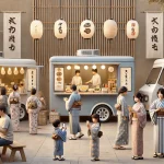 A subdued, Japanese-themed event scene with three food trucks lined up, serving a variety of dishes to happy visitors. The background includes traditi