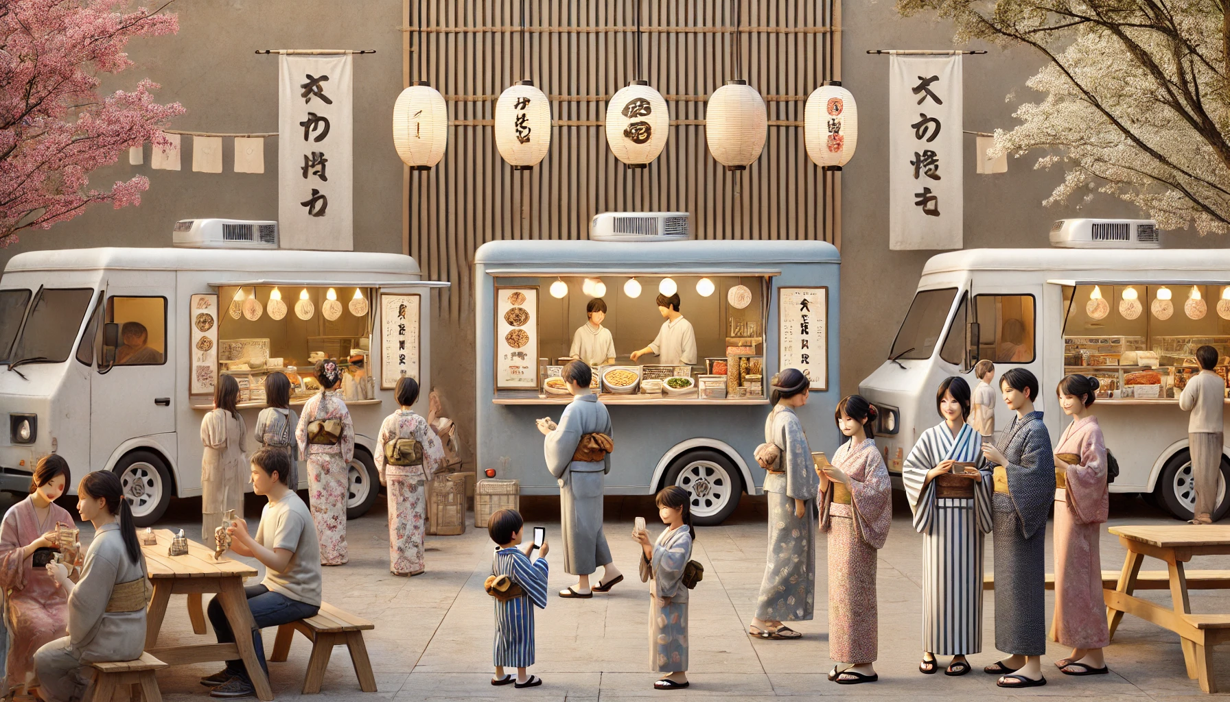 A subdued, Japanese-themed event scene with three food trucks lined up, serving a variety of dishes to happy visitors. The background includes traditi