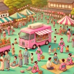 A vibrant summer festival scene in Japan with a colorful pink food truck serving a crowd of happy Japanese families and children. The setting is simil