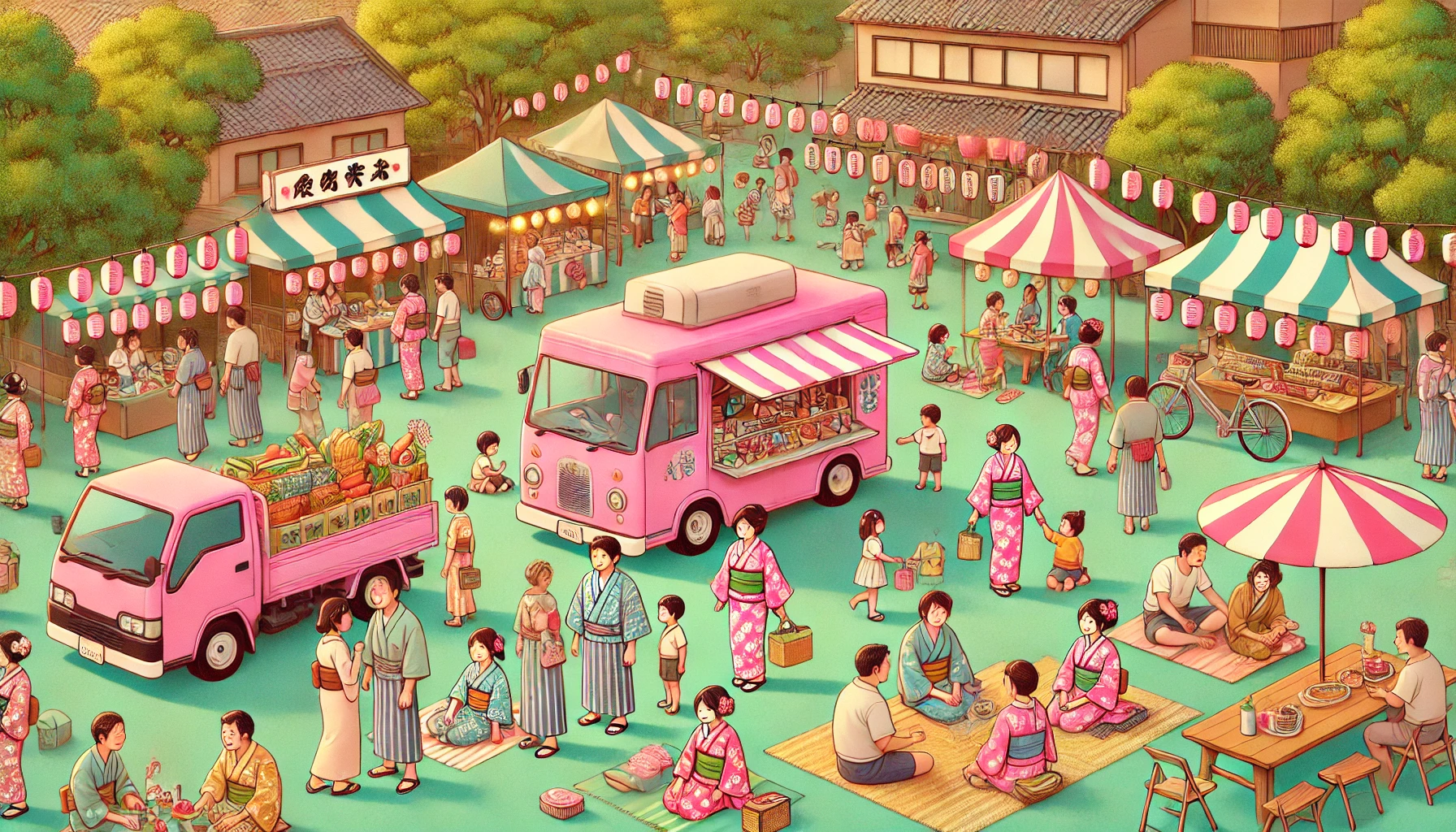 A vibrant summer festival scene in Japan with a colorful pink food truck serving a crowd of happy Japanese families and children. The setting is simil